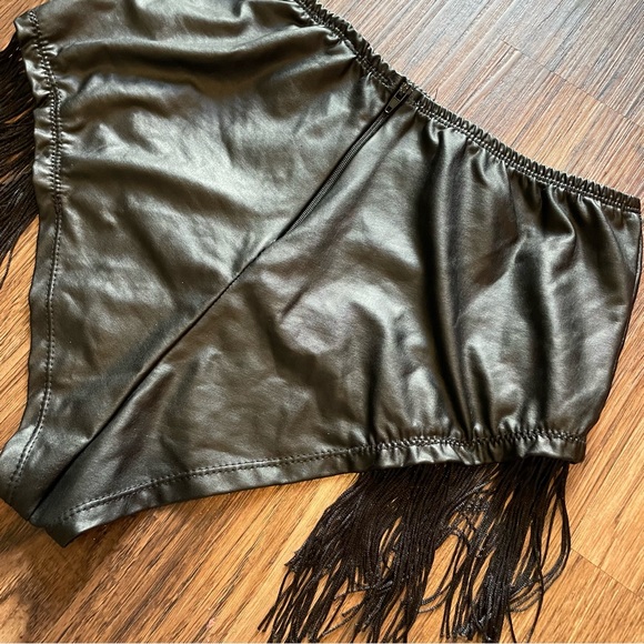 Body Rage Black Faux Leather Fringe Bikini Cut Bottoms Shorts Sz Large - Picture 7 of 8